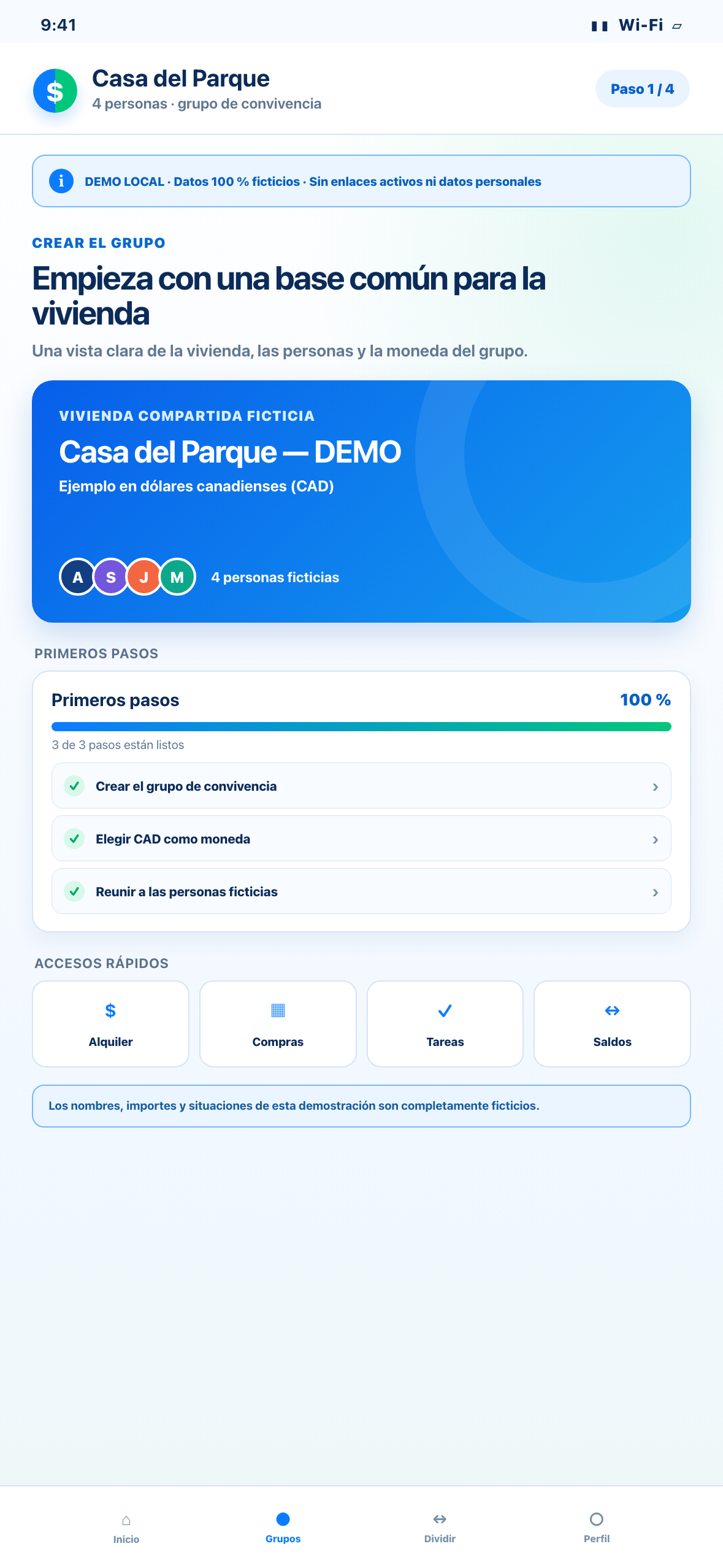Demostración Web local en formato de teléfono de un grupo ficticio de vivienda compartida en CAD con cuatro personas