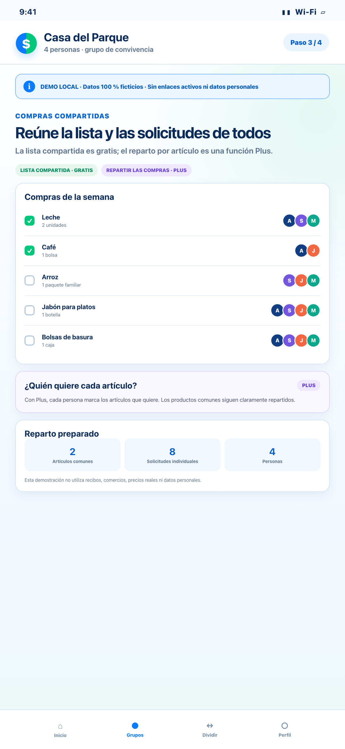 Demostración Web local en formato de teléfono de una lista de compras ficticia que muestra quién quiere cada artículo
