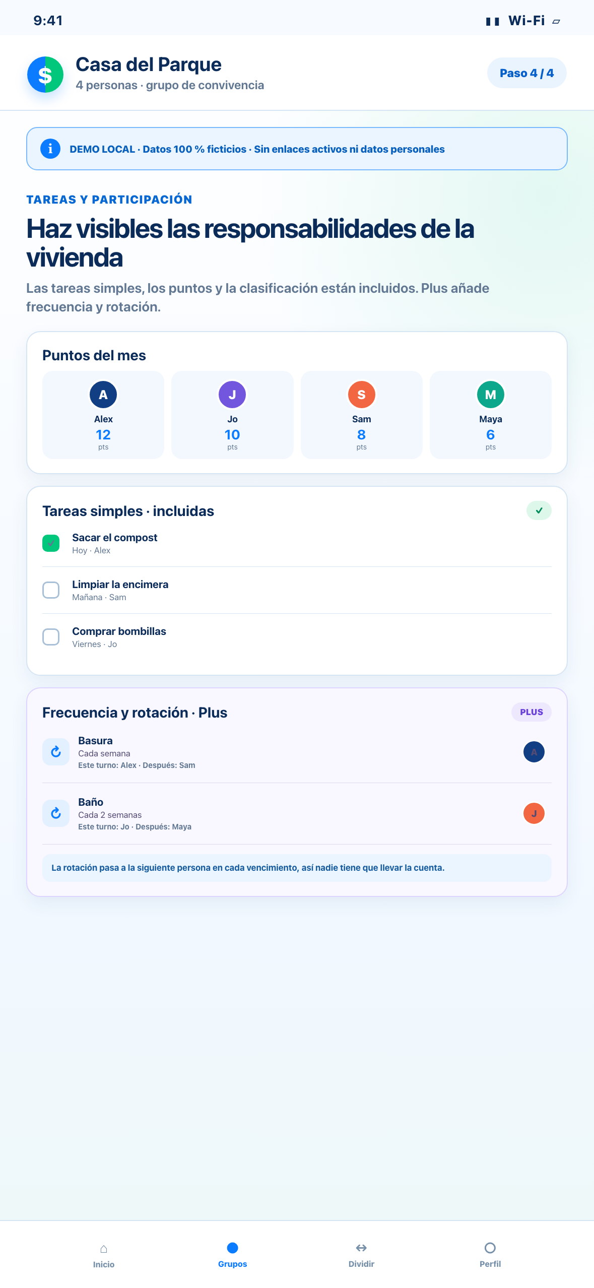 Demostración Web local en formato de teléfono de tareas, puntos, clasificación y rotaciones ficticias