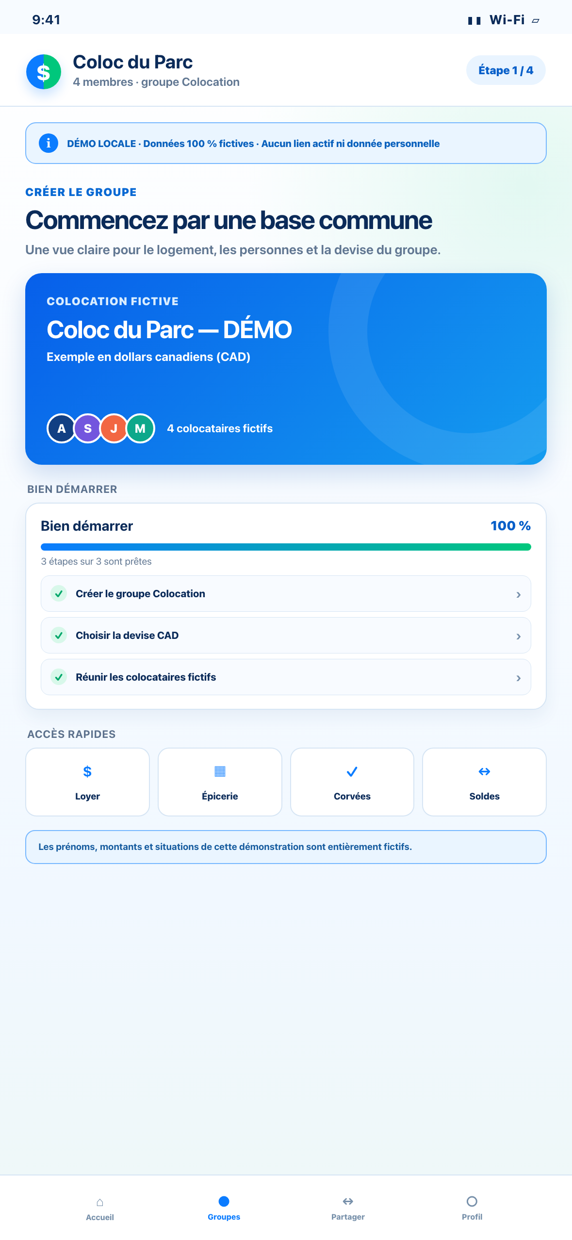 Démonstration Web locale au format téléphone d’un groupe Colocation fictif en CAD avec quatre colocataires