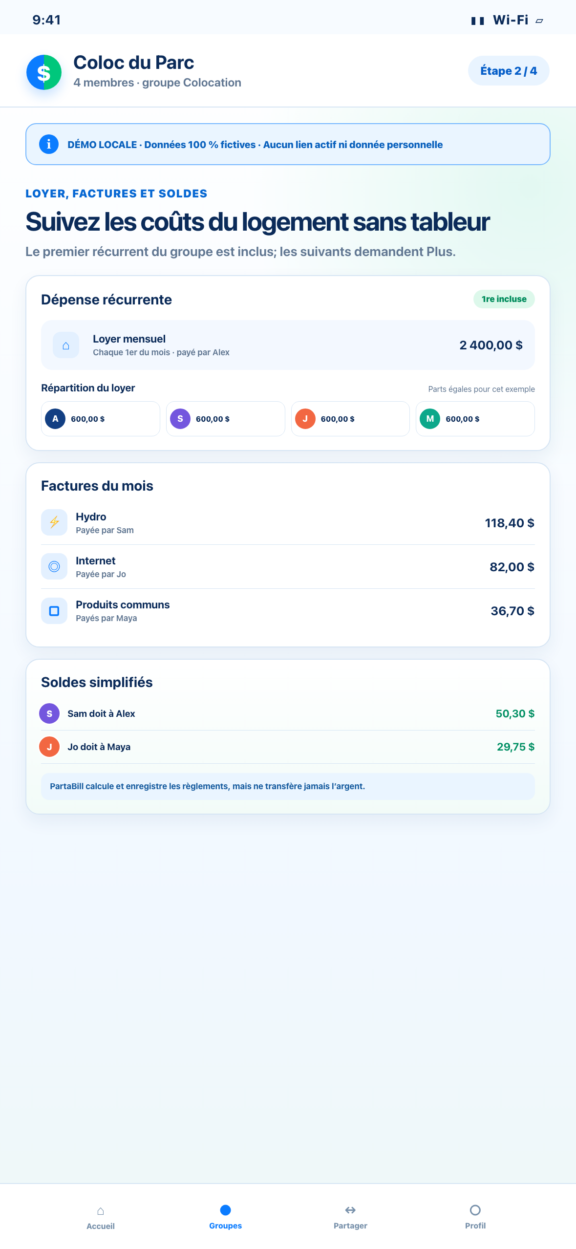 Démonstration Web locale au format téléphone d’un loyer récurrent, de factures et de soldes fictifs en colocation