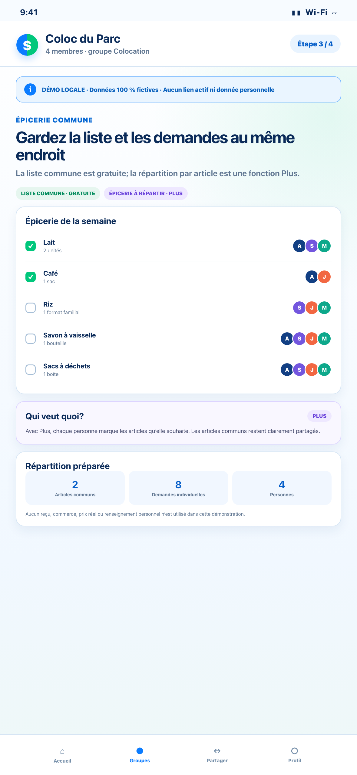 Démonstration Web locale au format téléphone d’une liste d’épicerie fictive indiquant qui veut chaque article