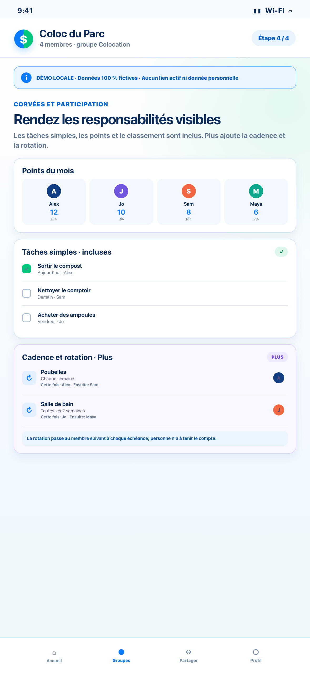Démonstration Web locale au format téléphone de tâches, points, classement et rotations fictifs de corvées