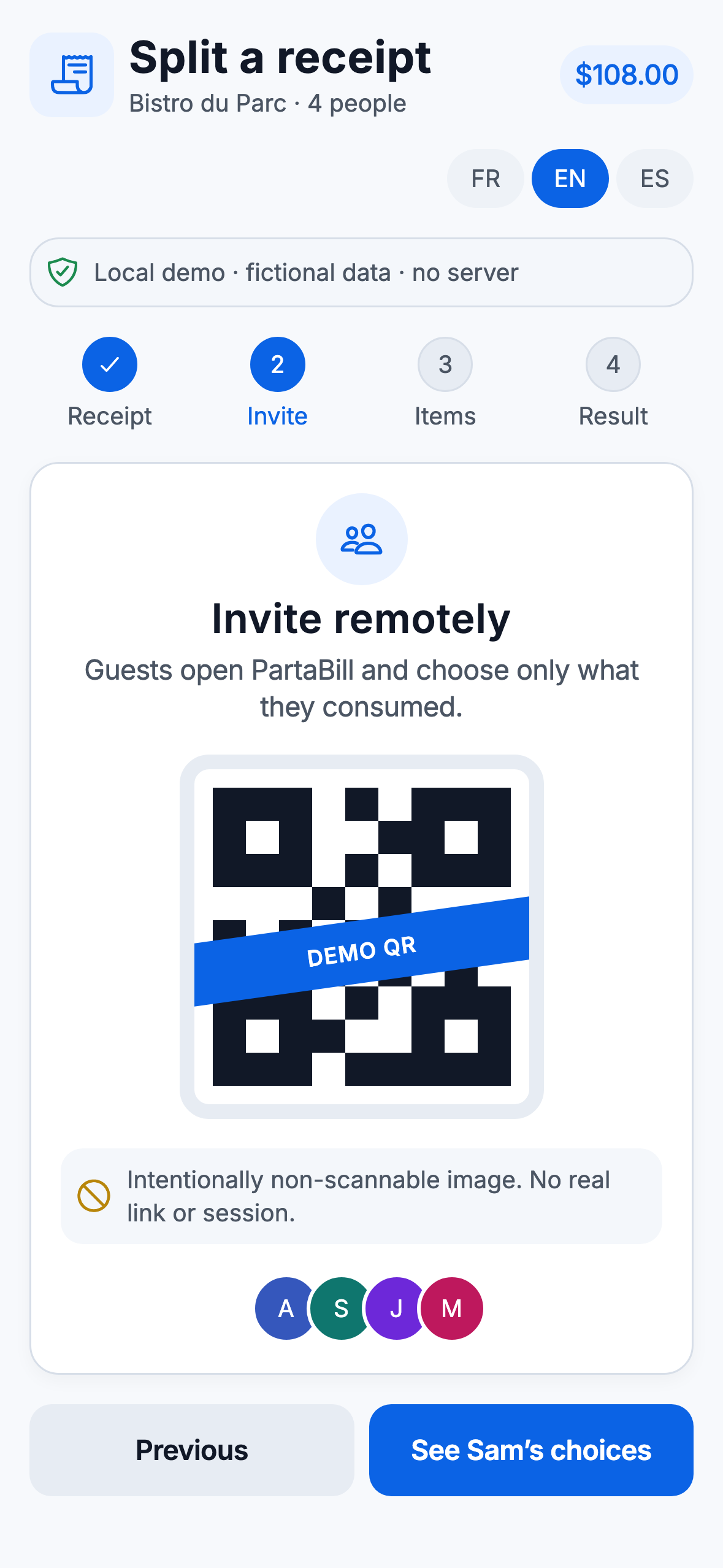 Phone-shaped Web demo with a fictional and unusable PartaBill QR code
