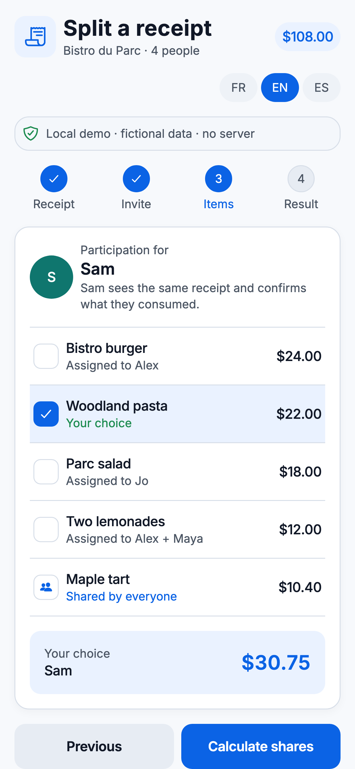 PartaBill Web view where a diner selects dishes from a fictional bill