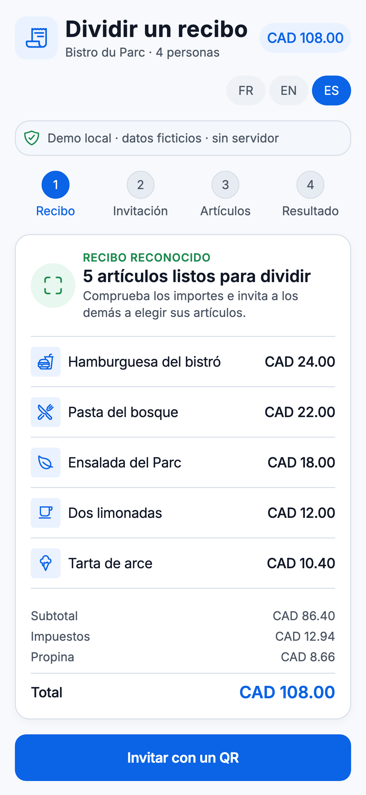 Demostración Web de PartaBill con formato de teléfono y cinco artículos ficticios listos para dividir