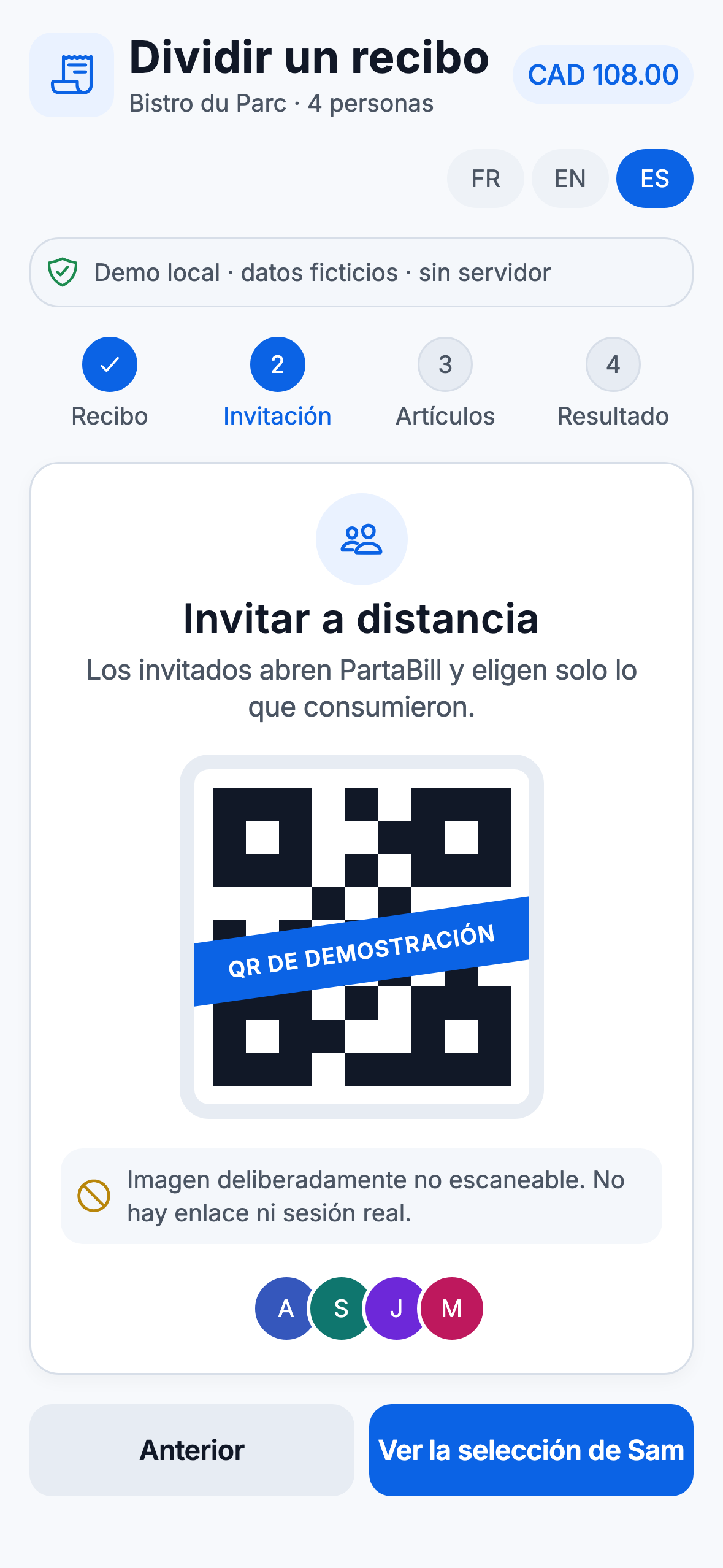Demostración Web con formato de teléfono y un QR ficticio e inutilizable de PartaBill