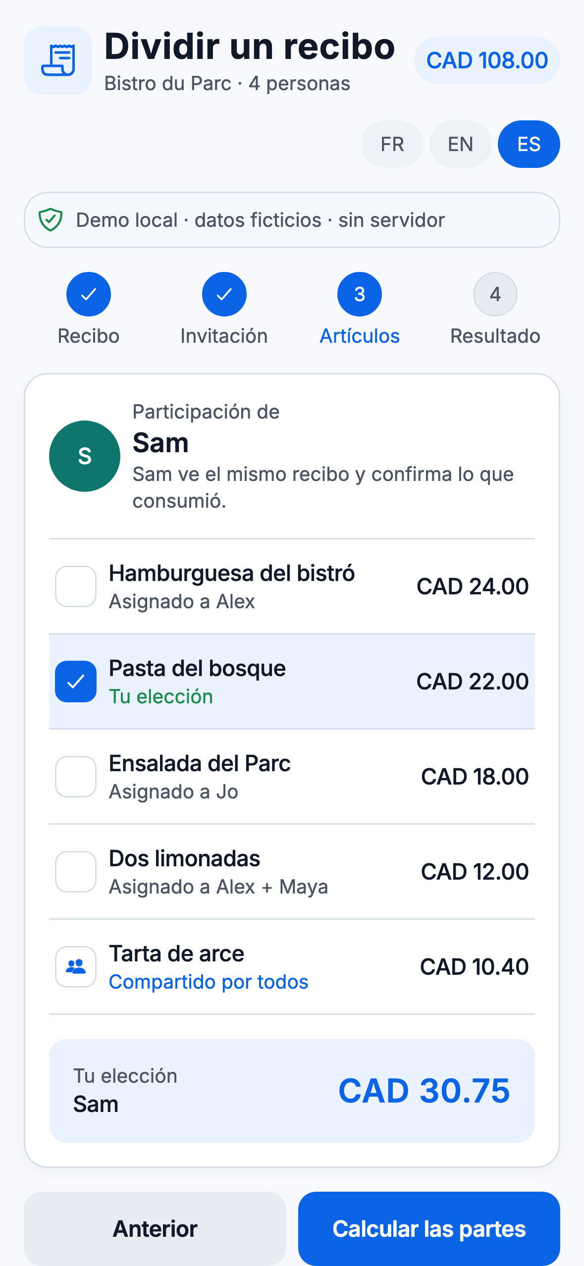 Vista Web de PartaBill donde una comensal elige sus platos de una cuenta ficticia