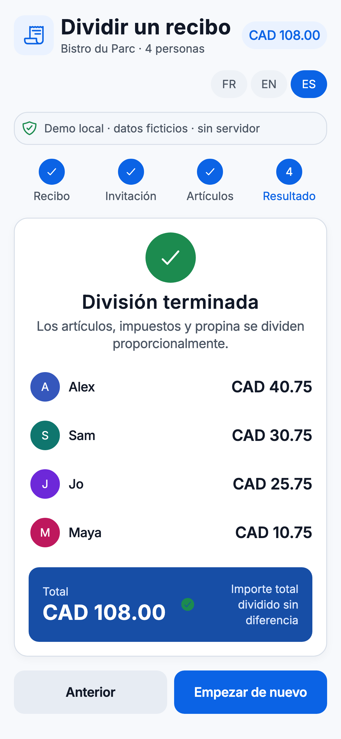 Demostración Web de PartaBill con formato de teléfono y las partes ficticias de cuatro comensales