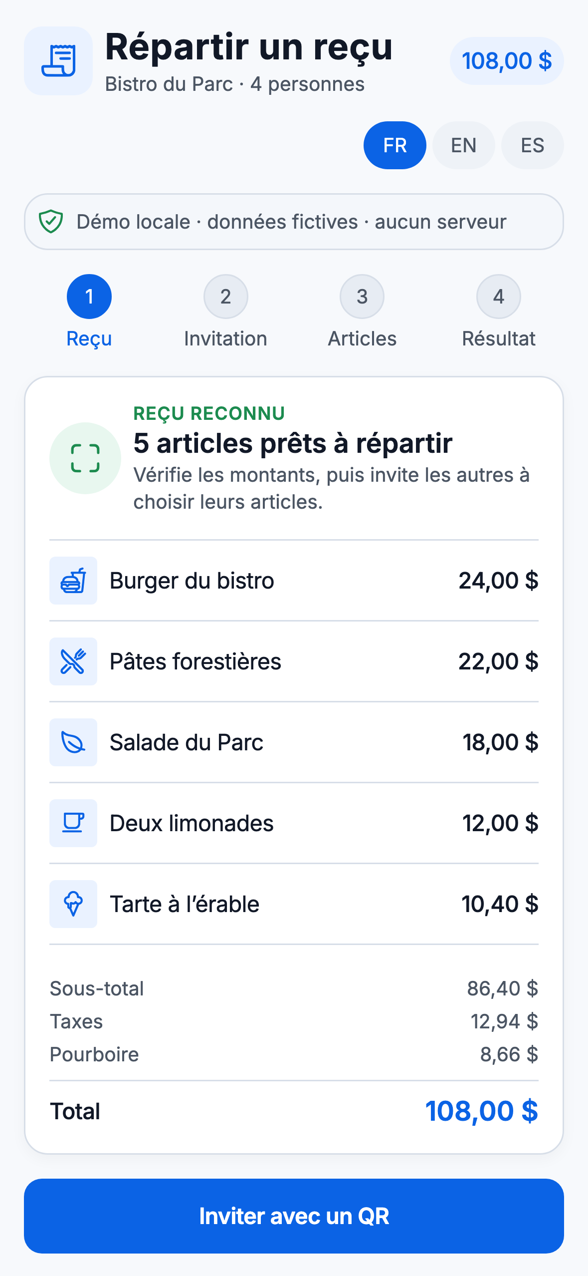 Démonstration Web PartaBill au format téléphone montrant cinq articles fictifs prêts à répartir