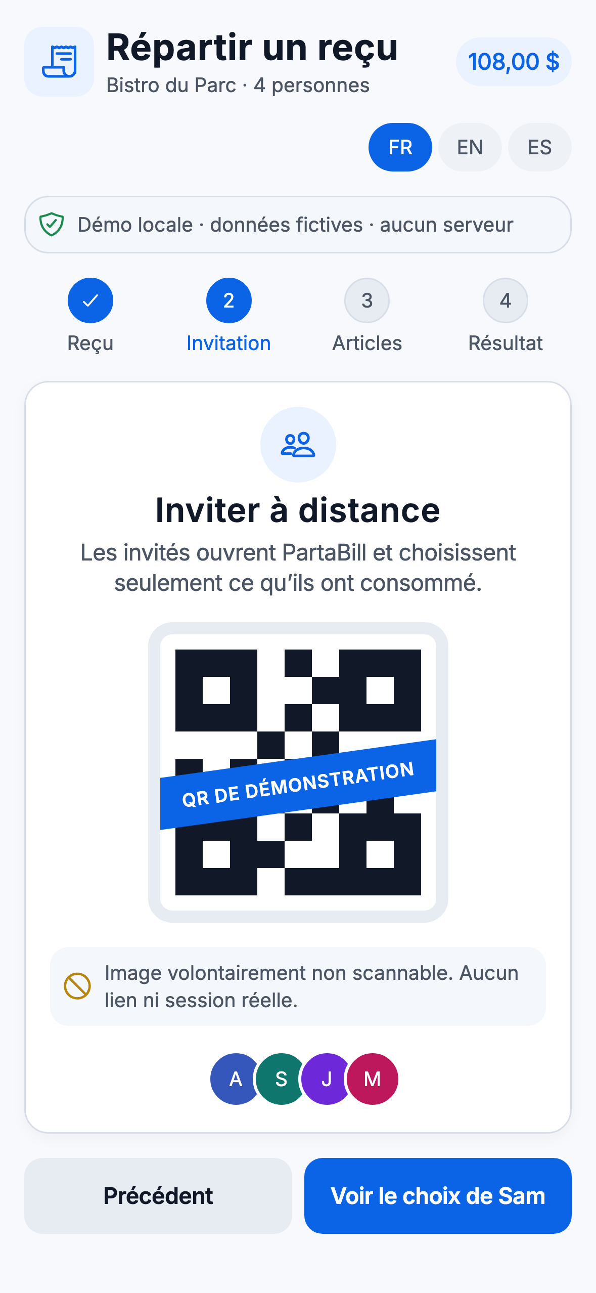 Démonstration Web au format téléphone avec un code QR PartaBill fictif et inutilisable