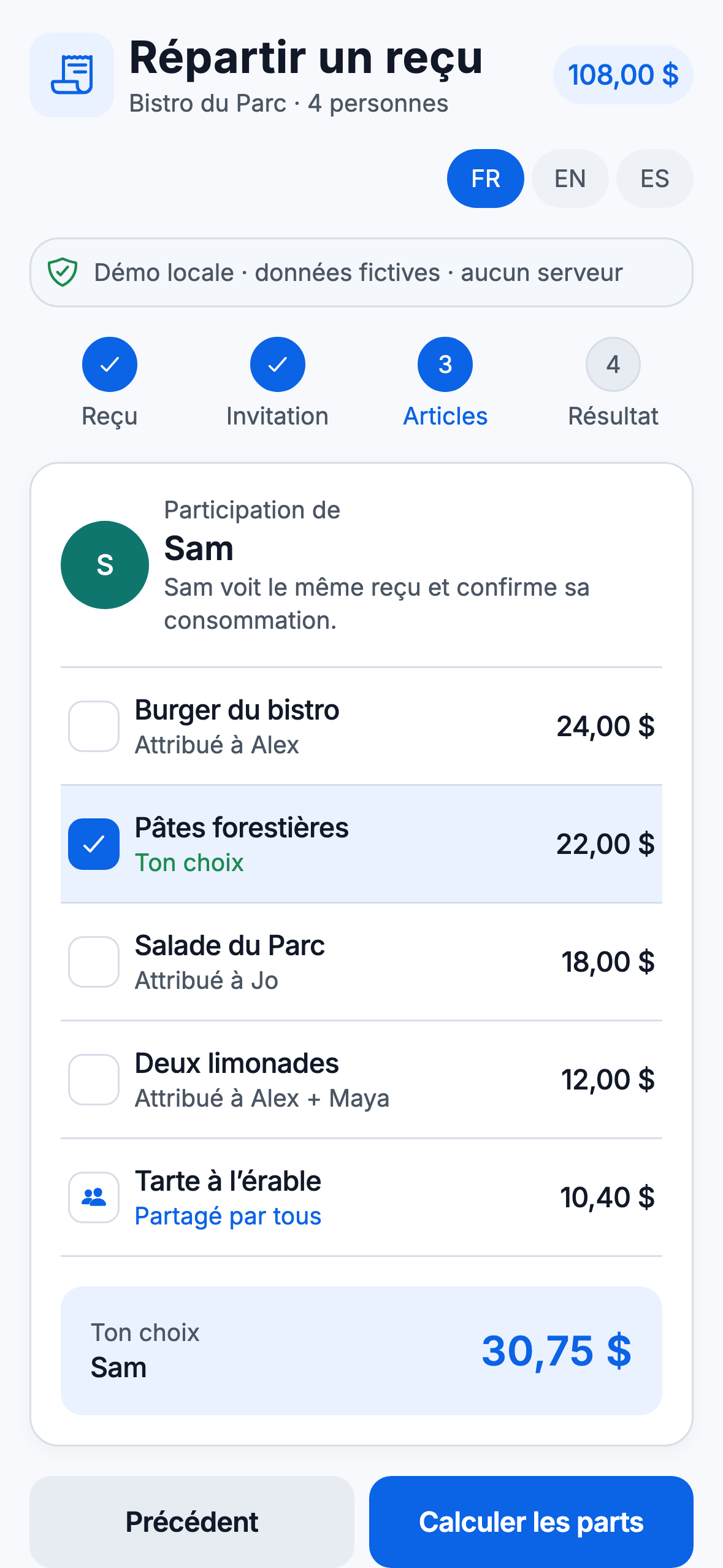 Vue Web PartaBill où une convive choisit ses plats dans une addition fictive