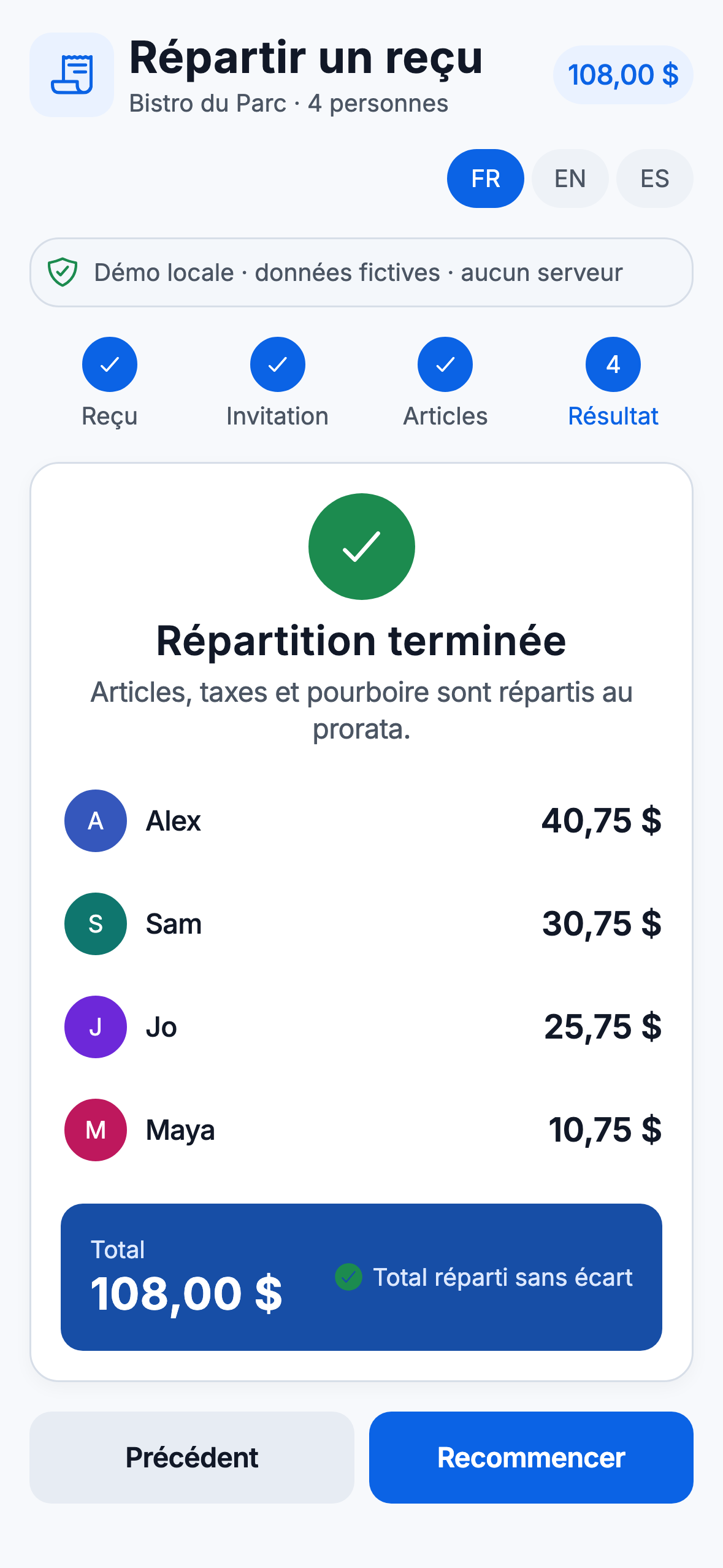Démonstration Web PartaBill au format téléphone affichant les parts fictives de quatre convives