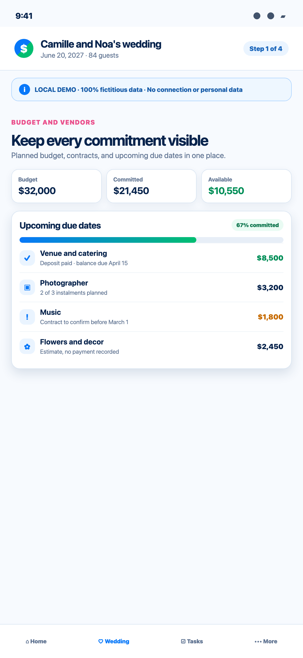 Phone-sized local Web demonstration showing a fictional wedding budget, committed amounts and upcoming vendor payments