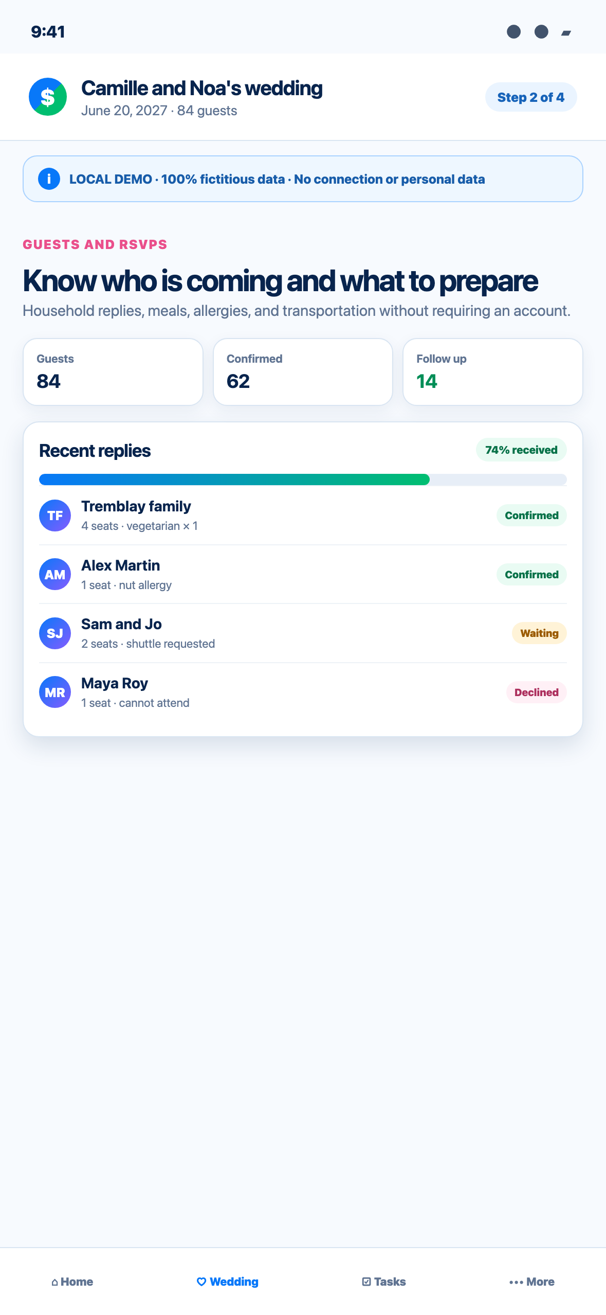 Phone-sized local Web demonstration showing fictional wedding households, RSVPs, meal choices, allergies and a shuttle request