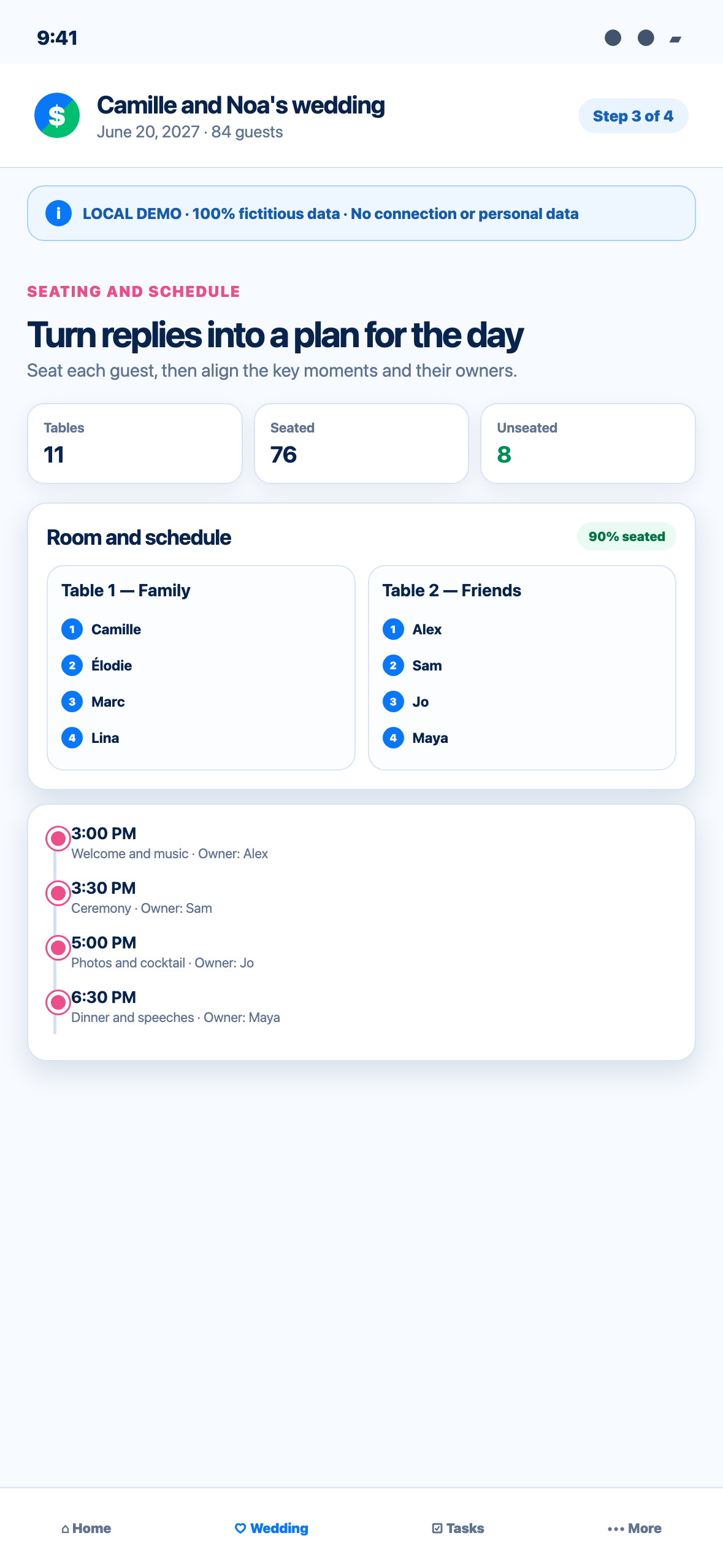 Phone-sized local Web demonstration showing fictional wedding tables, seated guests and a wedding-day schedule with owners