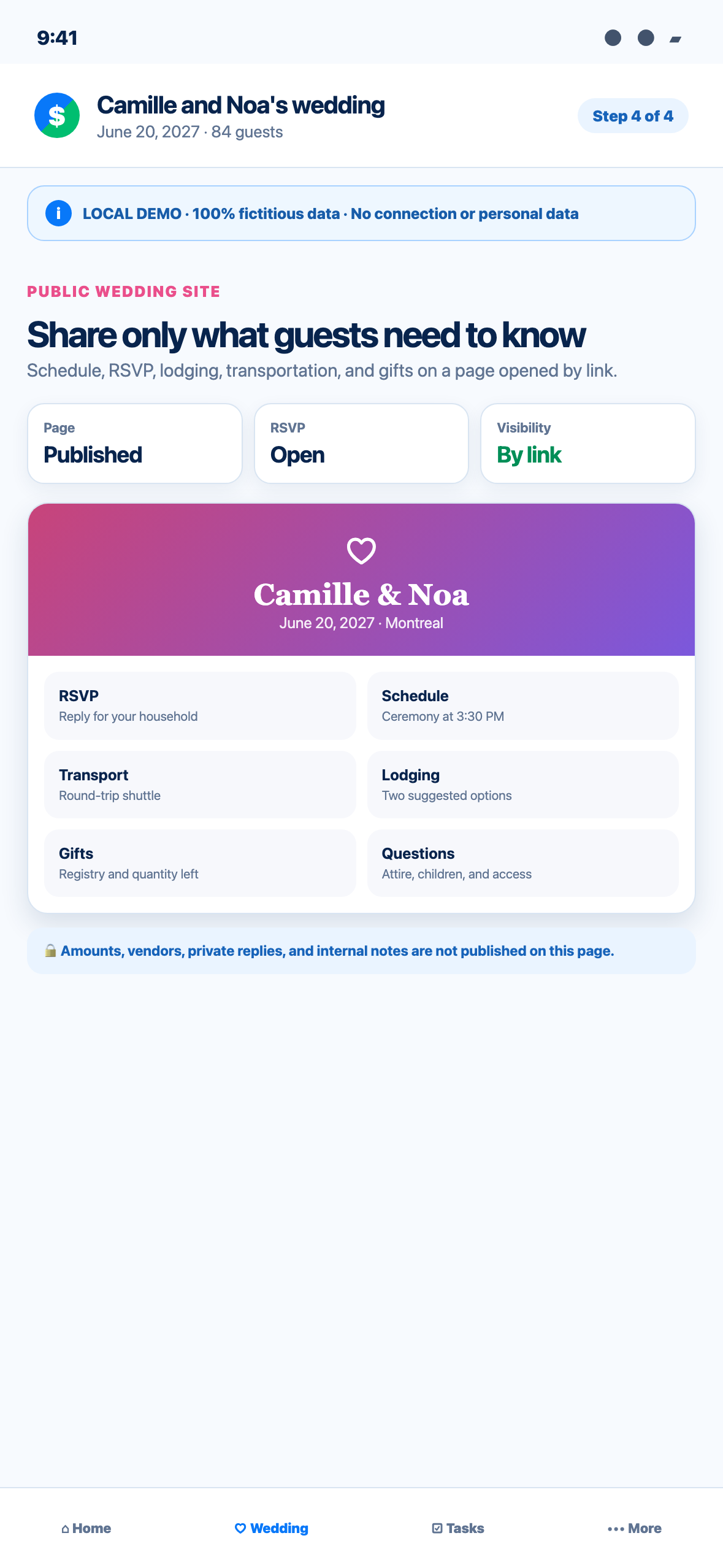 Phone-sized local Web demonstration showing a fictional public wedding page with RSVP, schedule, transport, lodging, gifts and questions