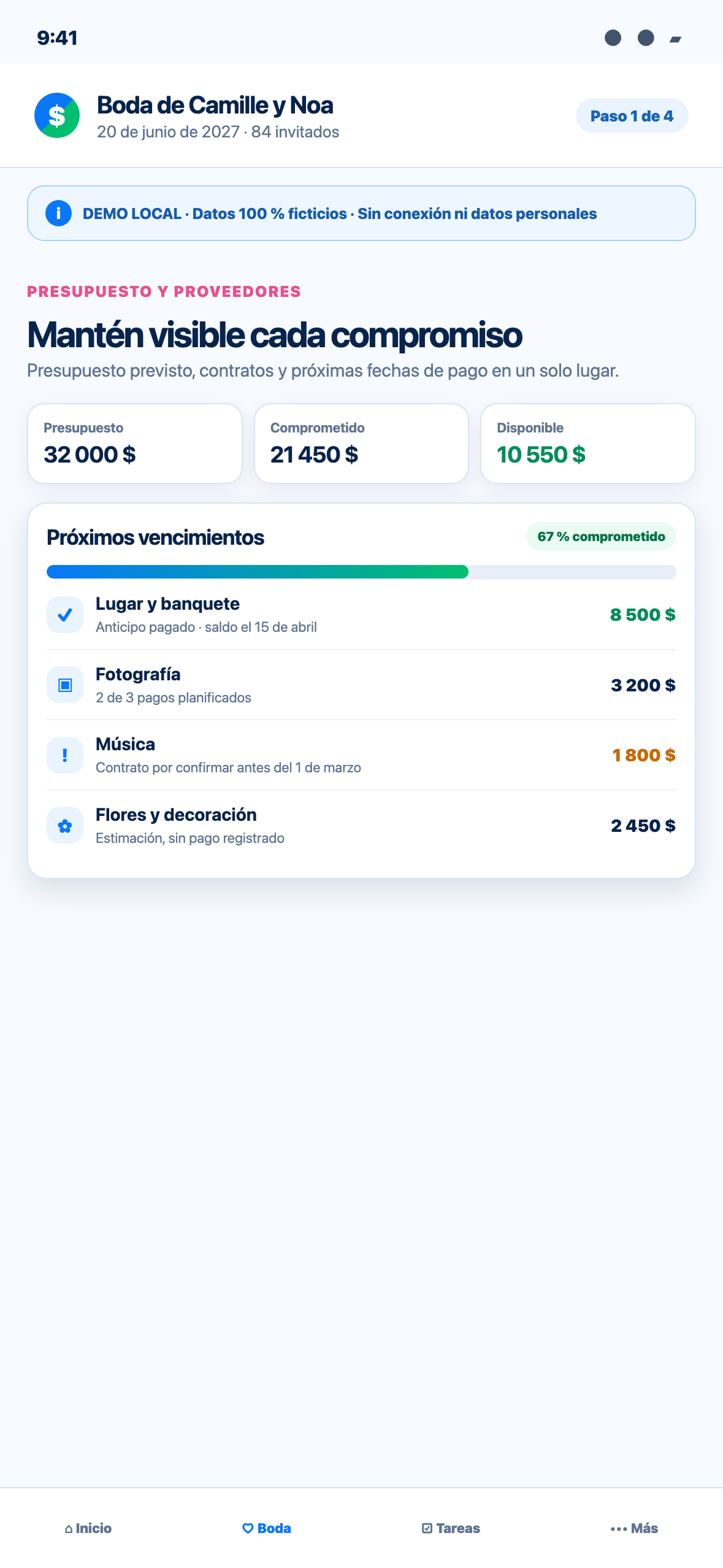Demostración Web local de PartaBill con formato de teléfono y un presupuesto de boda con proveedores ficticios