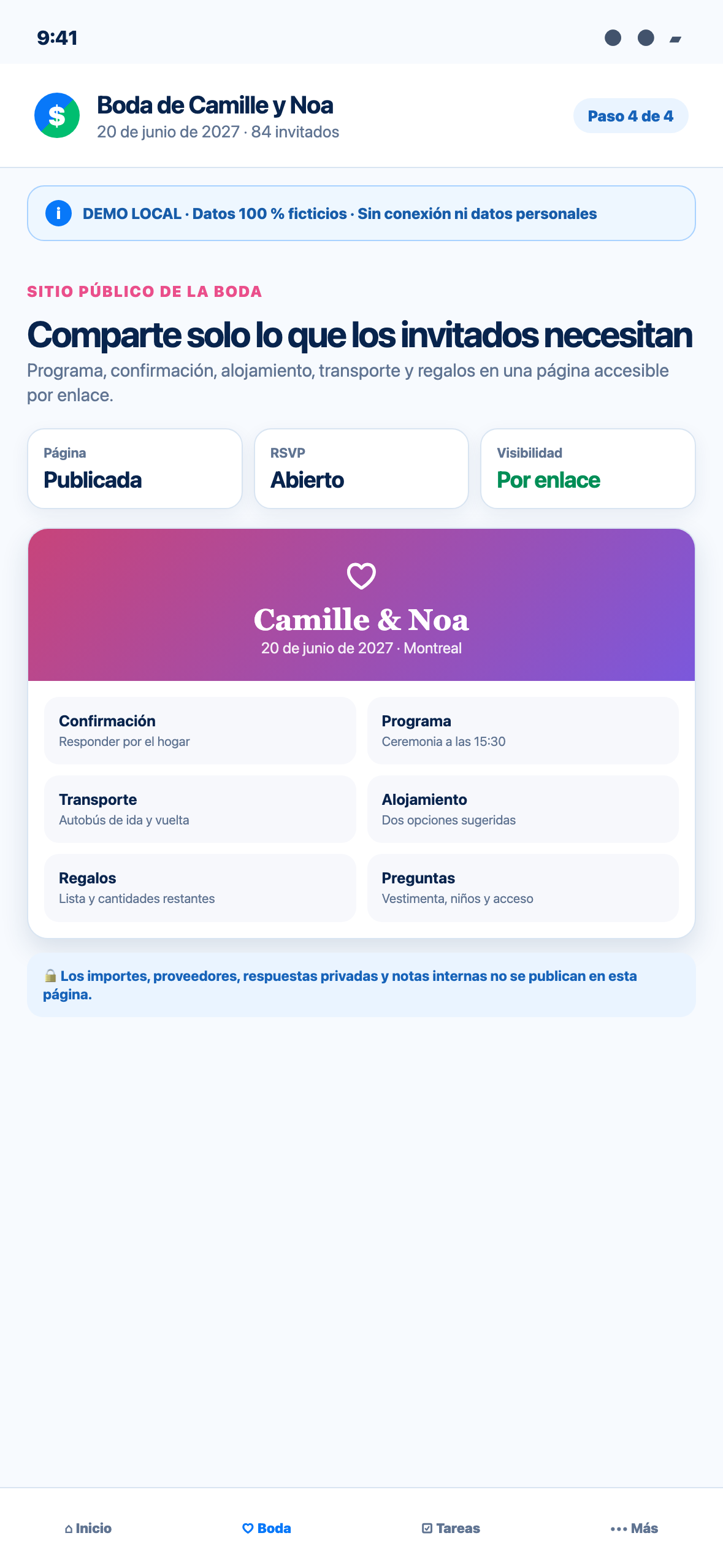 Demostración Web local de una página pública de boda de PartaBill con información ficticia para invitados