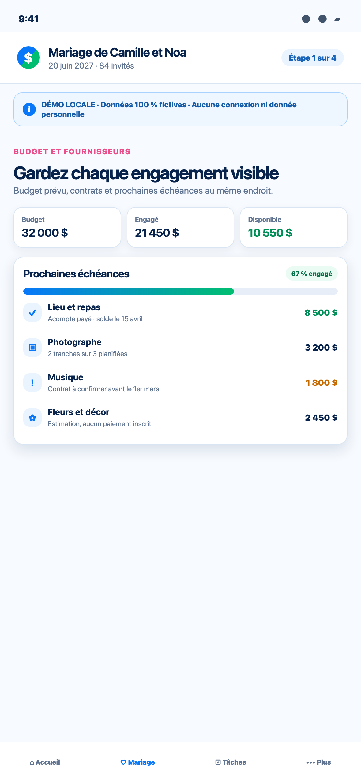 Démonstration Web locale au format téléphone d’un budget de mariage fictif avec fournisseurs, acomptes et soldes à venir