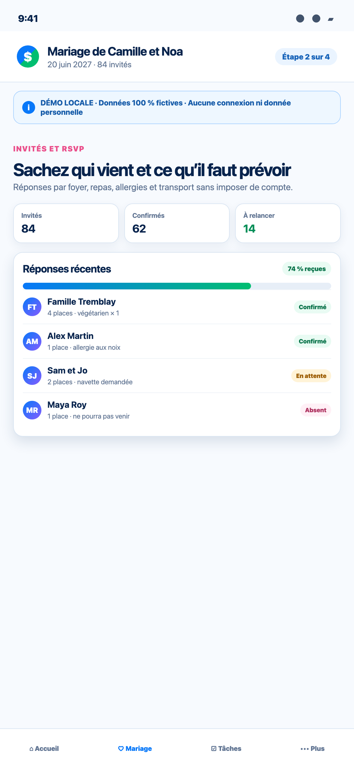 Démonstration Web locale au format téléphone d’une liste fictive d’invités regroupés par foyer avec RSVP et choix de repas