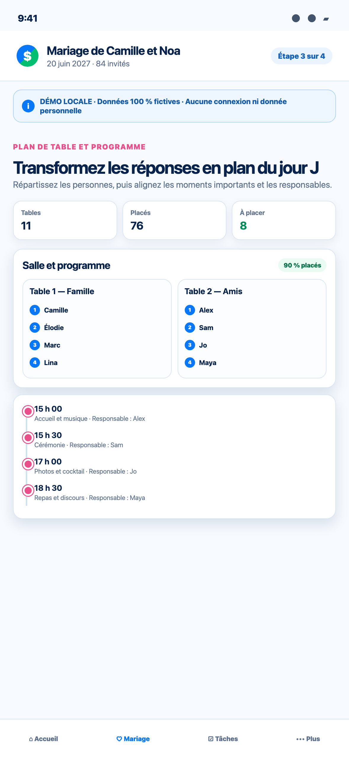 Démonstration Web locale au format téléphone d’un plan de table et d’un programme fictifs pour le jour du mariage