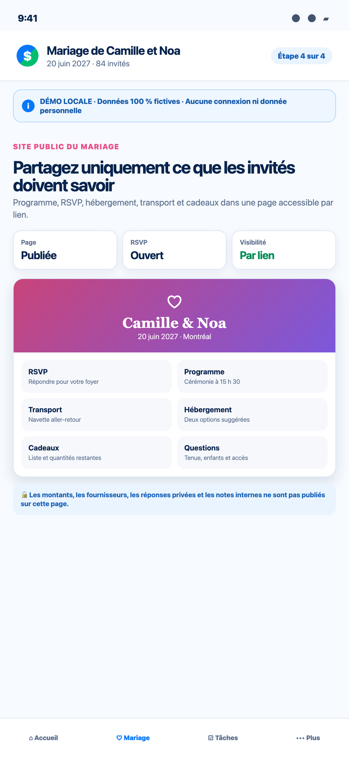 Démonstration Web locale au format téléphone d’un site de mariage fictif présentant les informations utiles aux invités